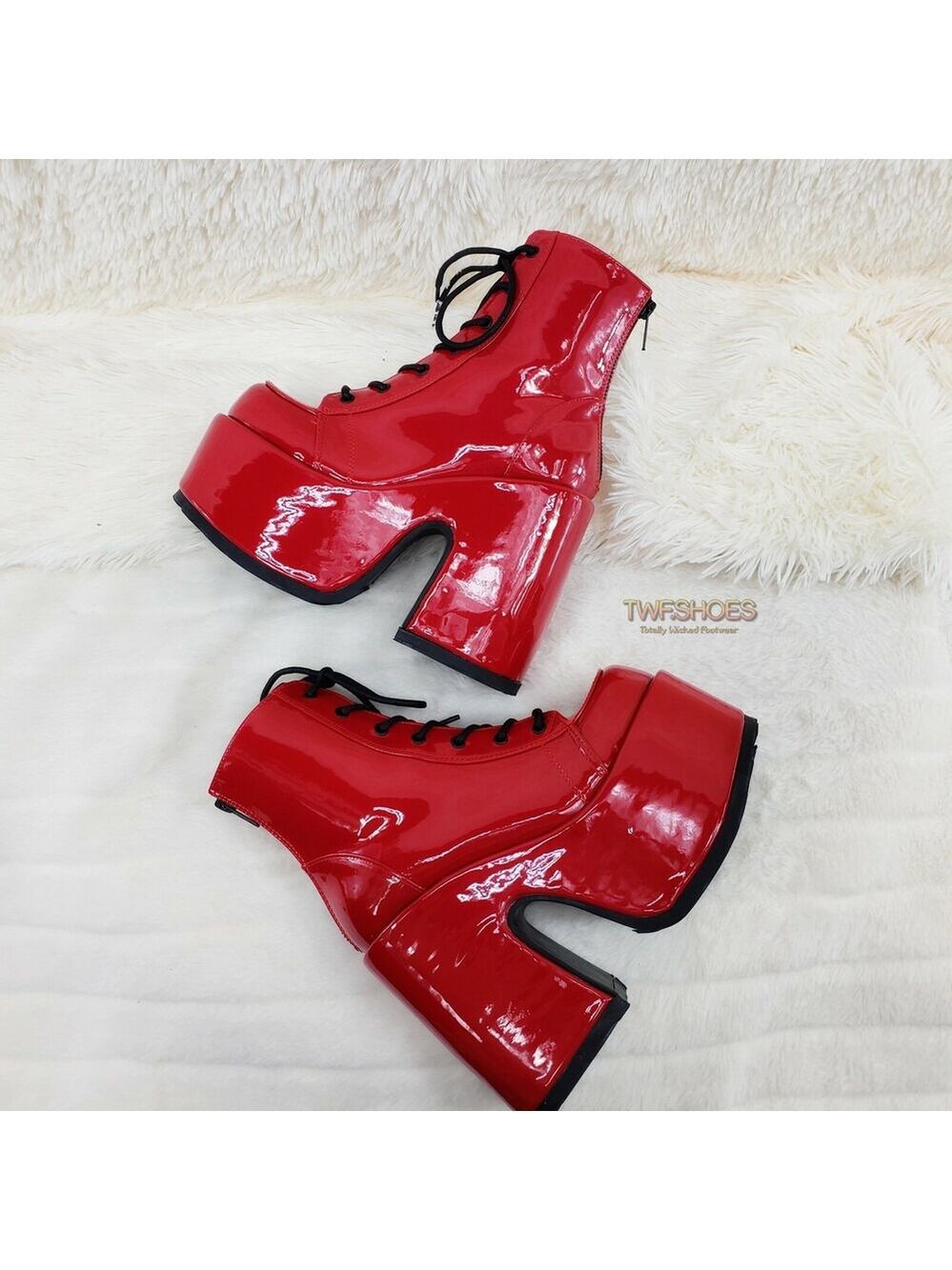 NIB DEMONIA Camel 203 Stacked Red Patent Platform Goth Punk Ankle Boots NY